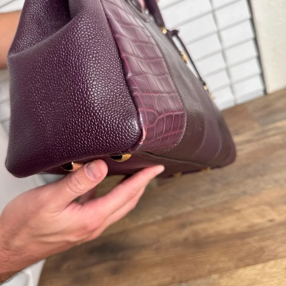 Henri Bendel Leather Patchwork Satchel Burgundy Croc Embossed Limited Edition